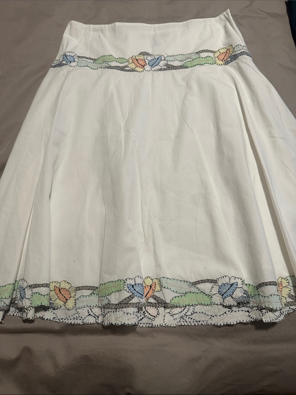 French Connection White A-Line Skirt with Pastel Embroidered Border